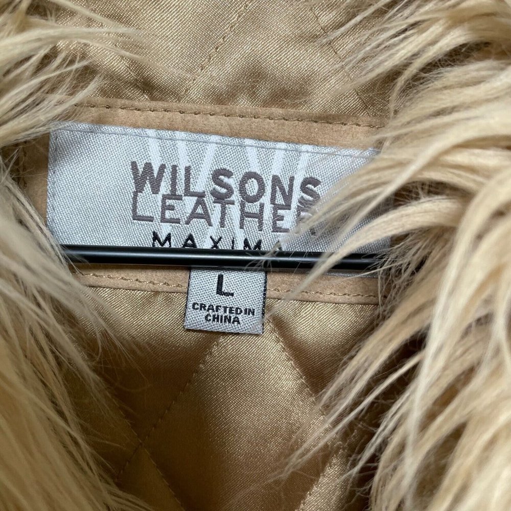Vintage Wilson's Suede Leather Tan Faux Fur Trim Boho Y2K Coat Jacket Large JLO - Picture 10 of 12